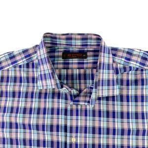 Etro Milano Shirt Mens 44 Purple Blue White Check Plaid Italy Cotton Dress Shirt